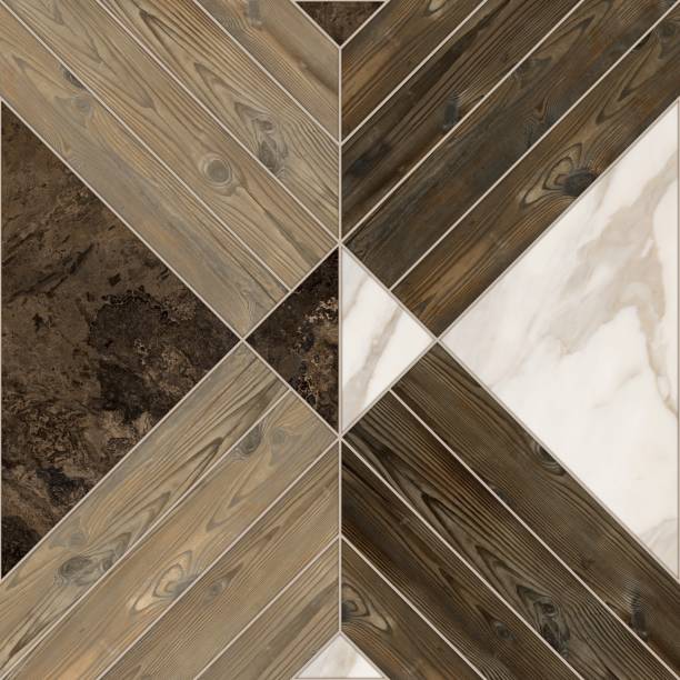 Porcelain tiles designed to look like wood and stone, showcasing their versatility.