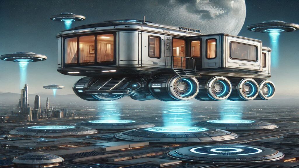 Futuristic double wide mobile home with modern features.
