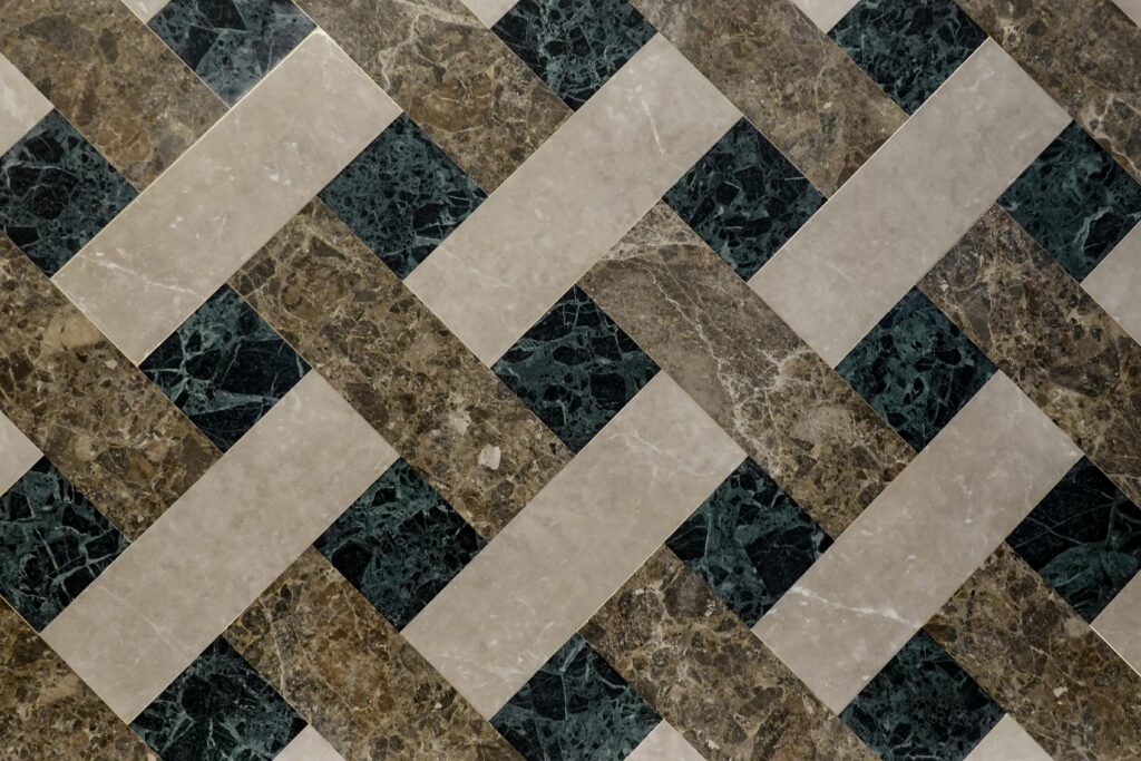 Unique herringbone tile pattern in an entryway