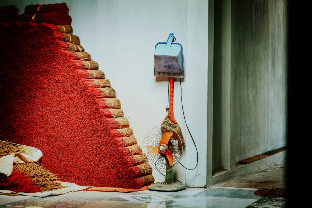 Cleaning tools and products suitable for tile maintenance on display.