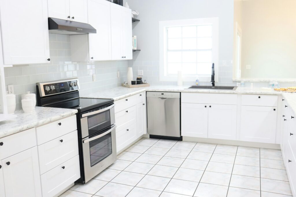 Modern kitchen floor tiles in a sleek, minimalist design