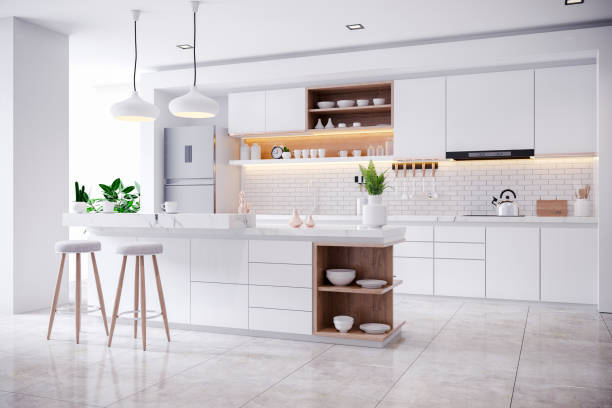 A modern kitchen with glossy ceramic tiles and a stylish backsplash design.