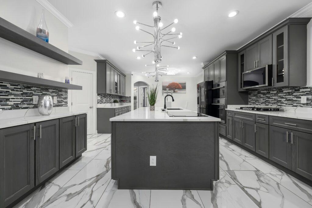 Modern kitchen showcasing glossy ceramic tiles on the backsplash and floor