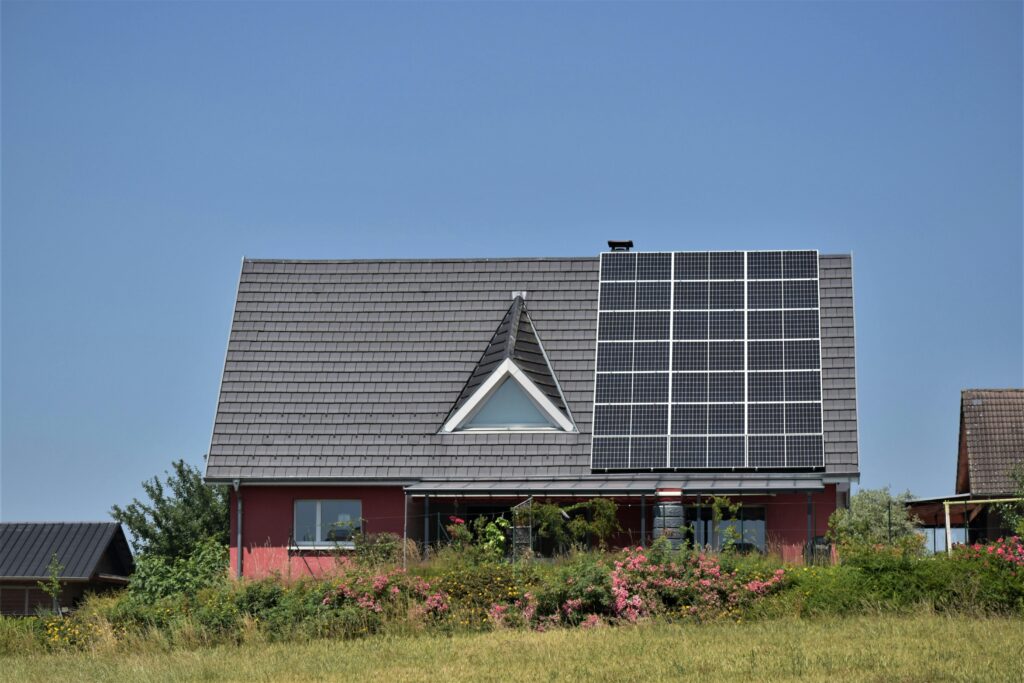 Energy-efficient mobile home with solar panels.