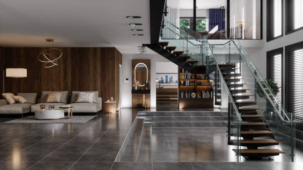 A living room with textured ceramic wall tiles and complementary wooden furniture.