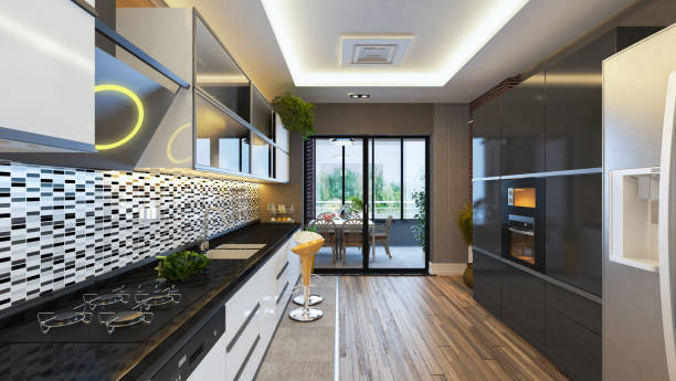 A well-lit kitchen light fixtures showing ceiling lights, pendant lights, and under-cabinet lighting.