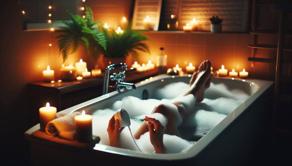 A person enjoying a bubble bath with candles and soothing music in the background